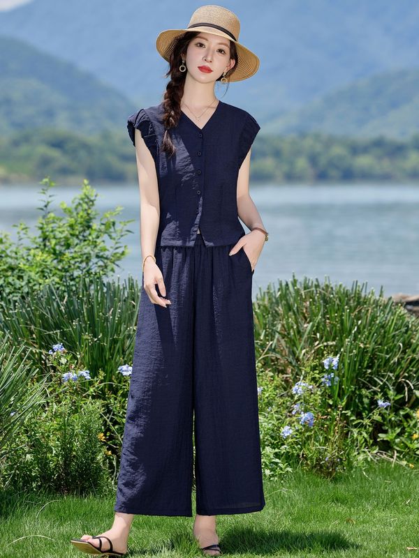 ファッションカジュアルスーツ 2025 夏の新女性のフィット V ネックシャツストレートパンツツーピースパンツセット LB2869|undefined