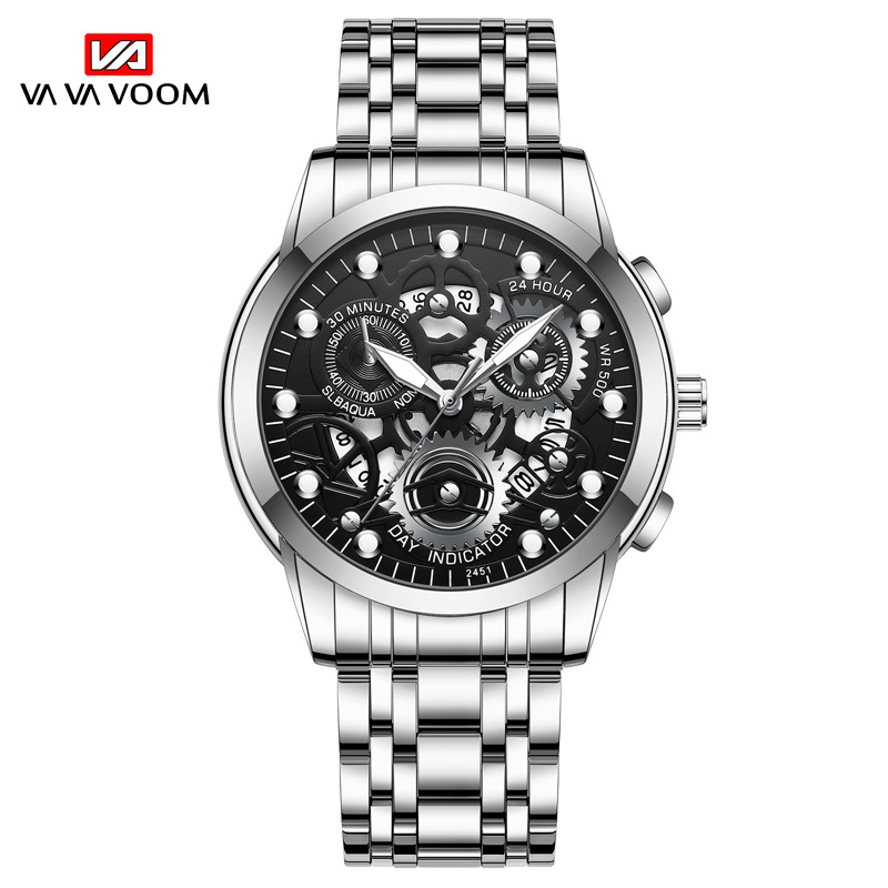 VAVA VOOM 2451 nuevo calendario falso Movimiento de cuarzo de tres ojos Reloj de correa de acero luminoso para hombres