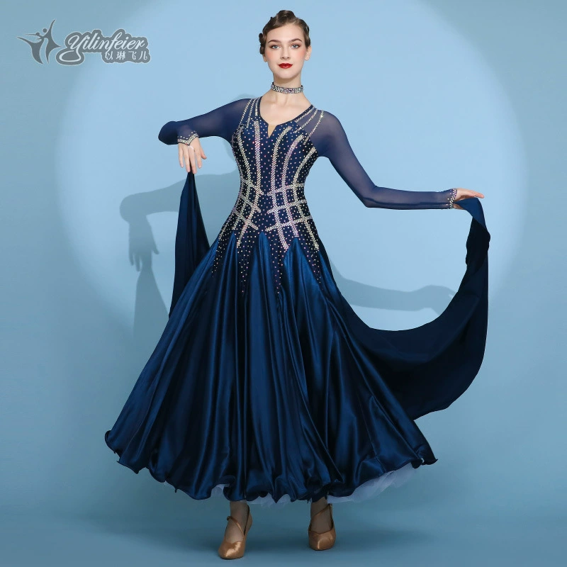 Сильный синий! Новое платье современного танца S7066 вальс костюм с бриллиантами
