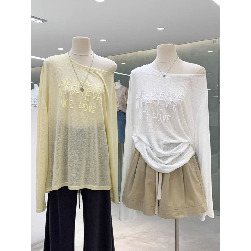Pure Desire レイジースタイルレターフォームプリント斜め襟長袖 Tシャツレディース夏薄手カジュアル日焼け止めブラウストップ|undefined