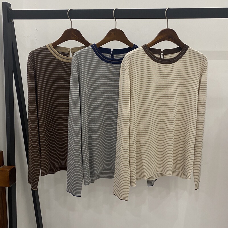 Nanyou high-end version B-brand minimalist striped 12-stitch wool with ultra-fine gold and silver thread and beaded chain, loose fit long sleeve Nanyou high-end version B-brand minimalist striped 12-stitch wool with ultra-fine gold and silver thread and beaded chain, loose fit long sleeve