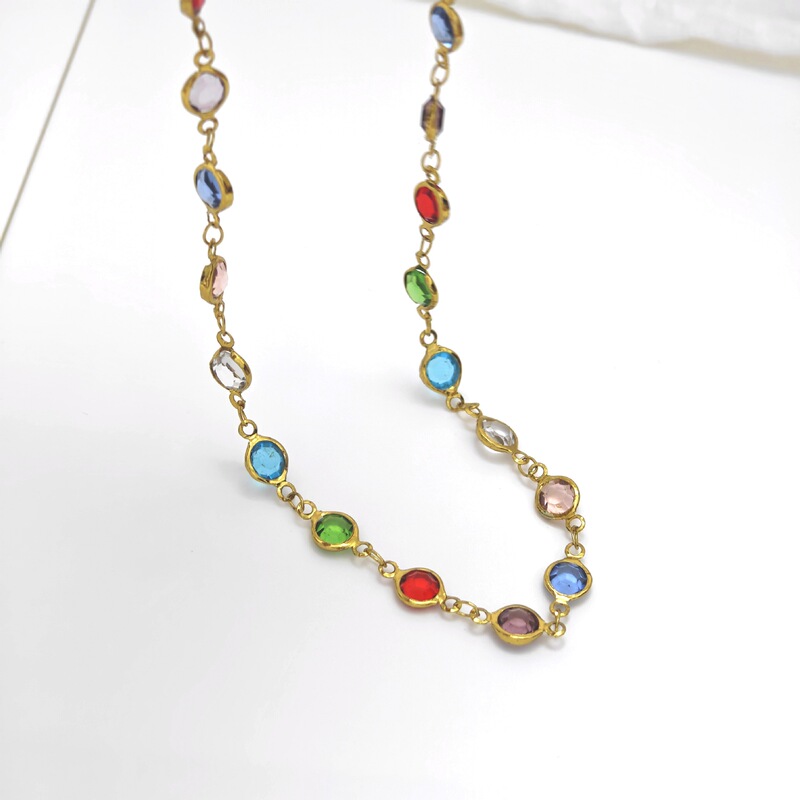 Stainless steel round necklace with colorful glass beads, dopamine bohemian style, personalized clavicle chain, multicolored Stainless steel round necklace with colorful glass beads, dopamine bohemian style, personalized clavicle chain, multicolored