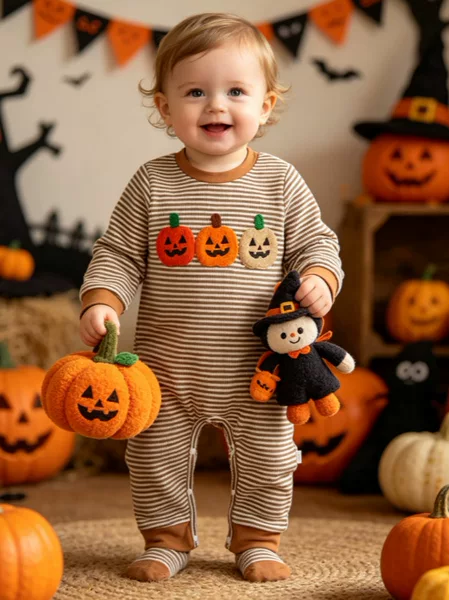 Amazon's Best-Selling Halloween Baby Long-Sleeve Jumpsuit with Striped Towel Embroidery, Soft and Cuddly Baby Romper