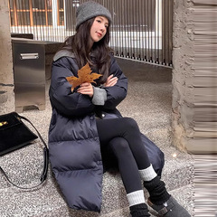 针织拼接翻领长款羽绒服女2025冬新款韩系高级加厚白鸭绒过膝外套