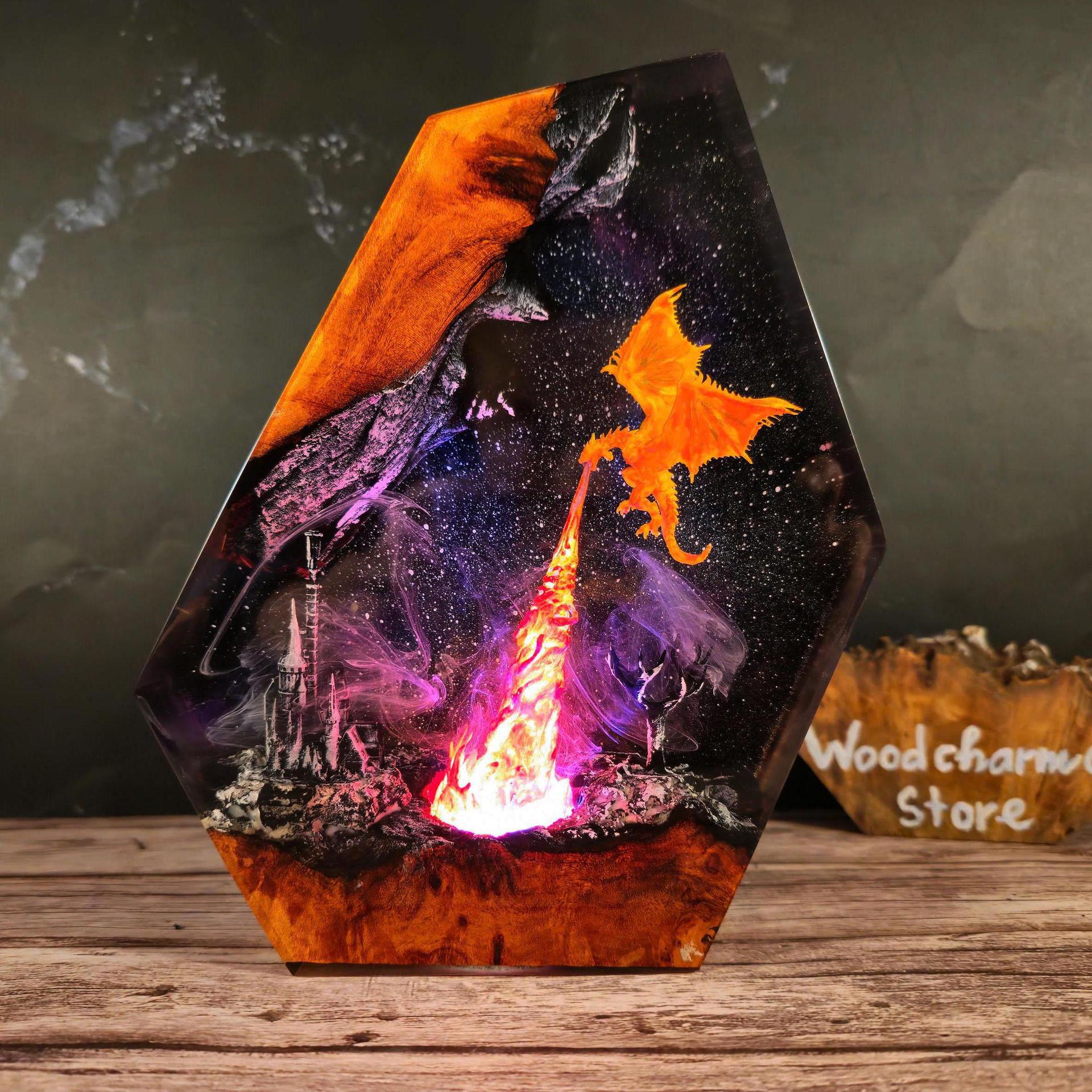 Luz de resina volcánica de fuego dragón castelo de cine y televisión efectos especiales luz nocturna creativa regalo de cumpleaños decoración del hogar lámpara artesanal