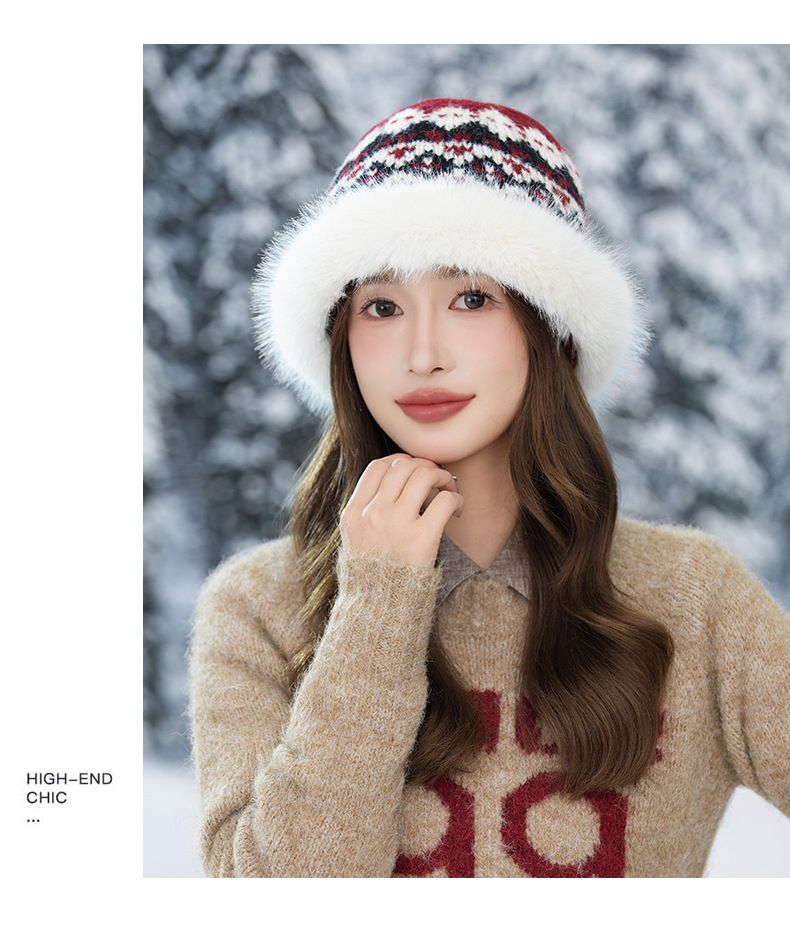 Cappello da pescatore invernale retrò in stile etnico jacquard lavorato a maglia, in pelliccia di coniglio, caldo, spesso e antifreddo_voghion.com