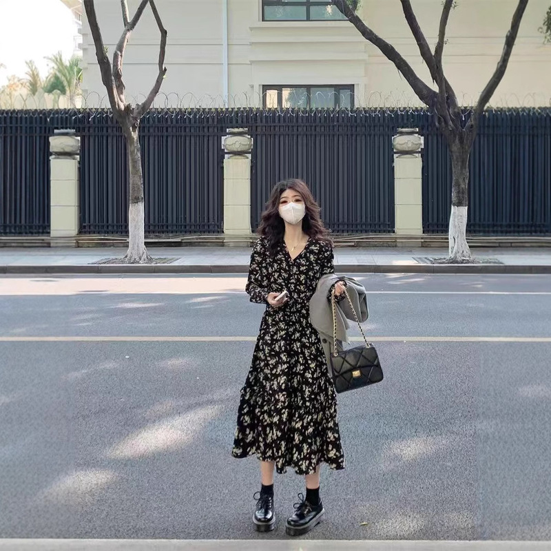 chubby girl plus size Floral dress 2025 Spring New Retro Slimming Long Sleeve Elegant High-grade French Long Skirt