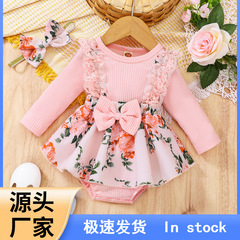 欧米風秋冬型乳幼児綿坑条長袖品レースの花プリントスカート