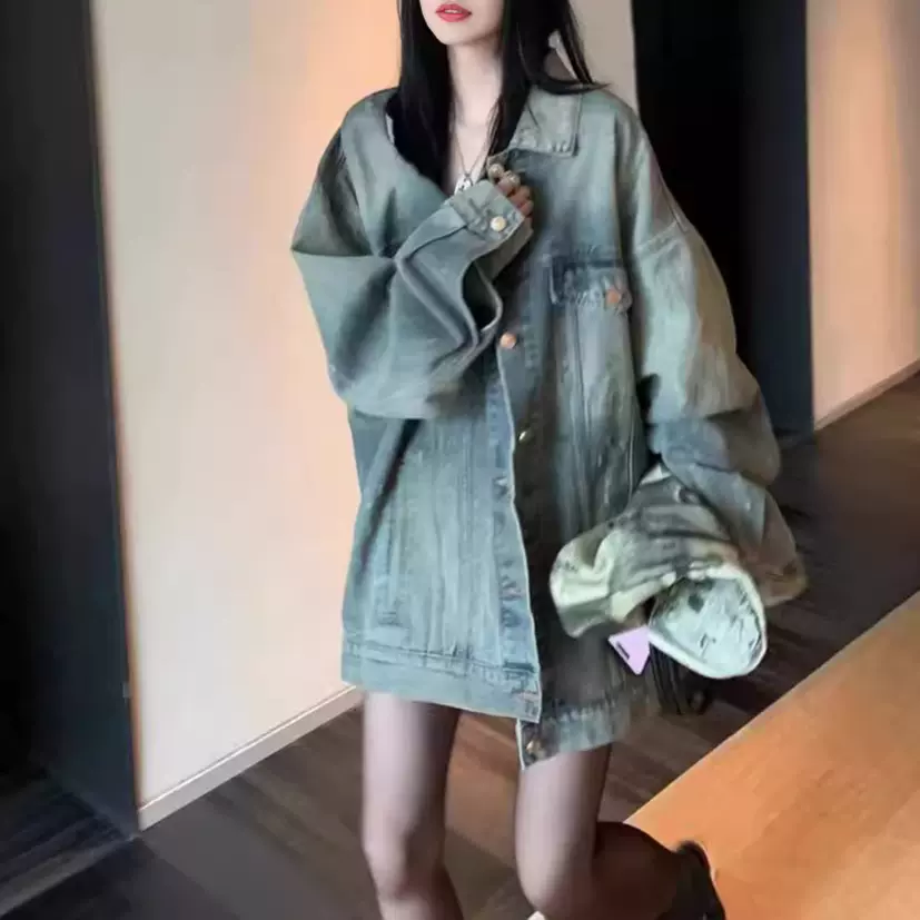 十三行区区美式复古牛仔外套女春季新款宽松休闲夹克上衣设计感小