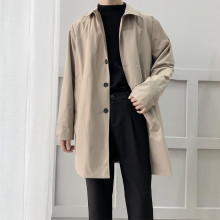 外贸亚洲男士中长款单排扣风衣韩版宽松纯色百搭青年外套春秋上衣