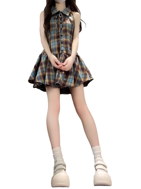 フレンチカレッジスタイルブルーチェック柄ドレス女性のための夏の2025新しい気質ホットガールウエストショートスカートスーツ|undefined