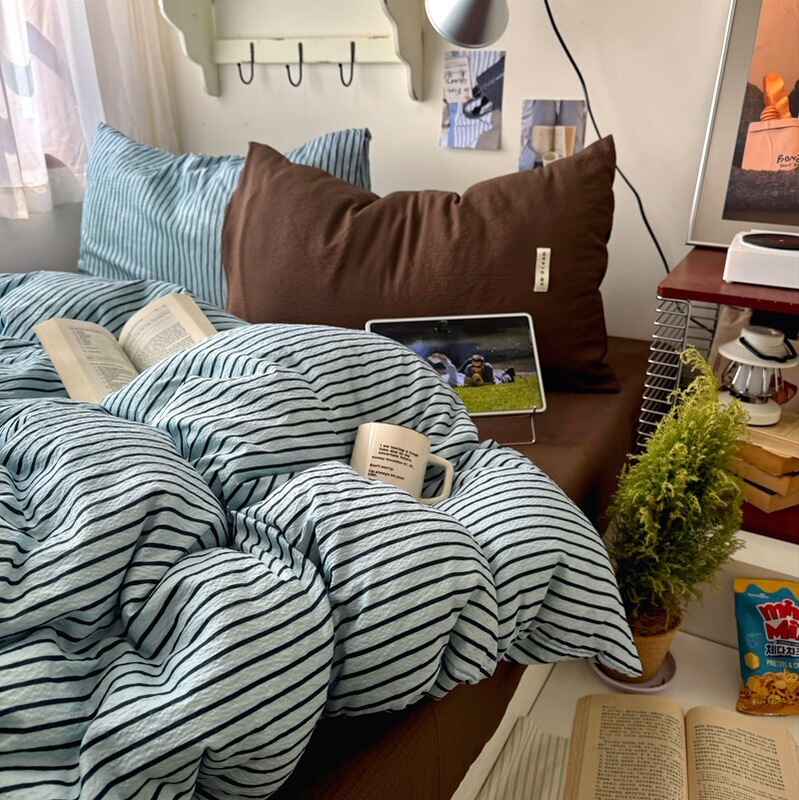 Exported to Korea, Vintage Style All-Cotton Washed Cotton Bedding Four-Piece Set, Niche Striped Duvet Cover, Bed Sheet Three or Four-Piece Set Exported to Korea, Vintage Style All-Cotton Washed Cotton Bedding Four-Piece Set, Niche Striped Duvet Cover, Bed Sheet Three or Four-Piece Set