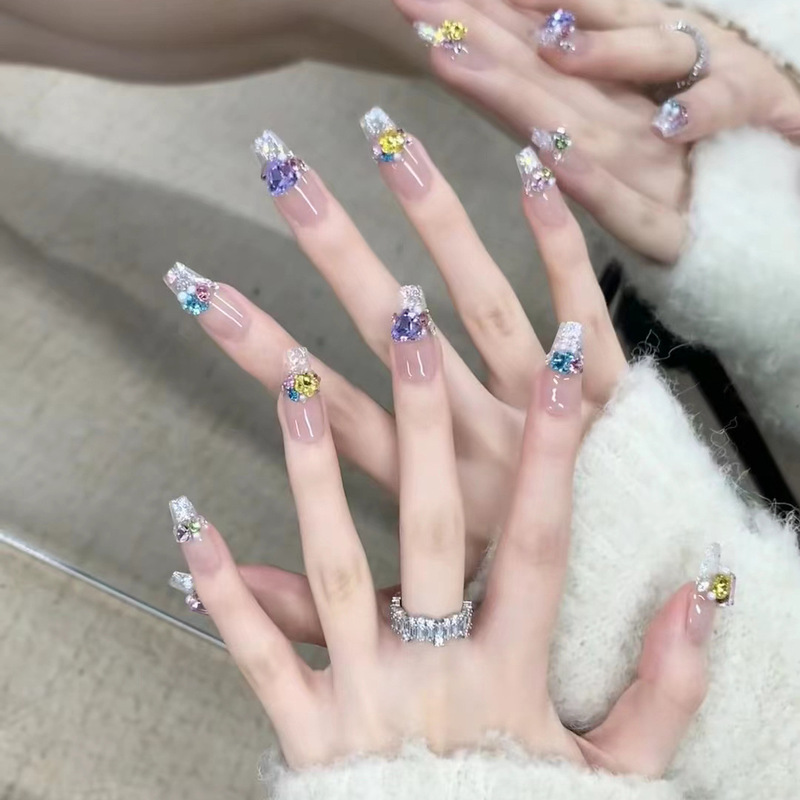 Wearable Nails in Nude Pink Candy Soda Color, Removable Nail Patches with Rhinestones and Glitter, Phototherapy Nail Products Wholesale, Shiny