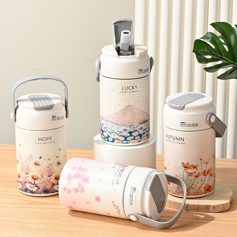軽豪華油絵高颜値ストローカップ携帯大容量ステンレス保温カップ茶水分離泡カップ携帯|undefined