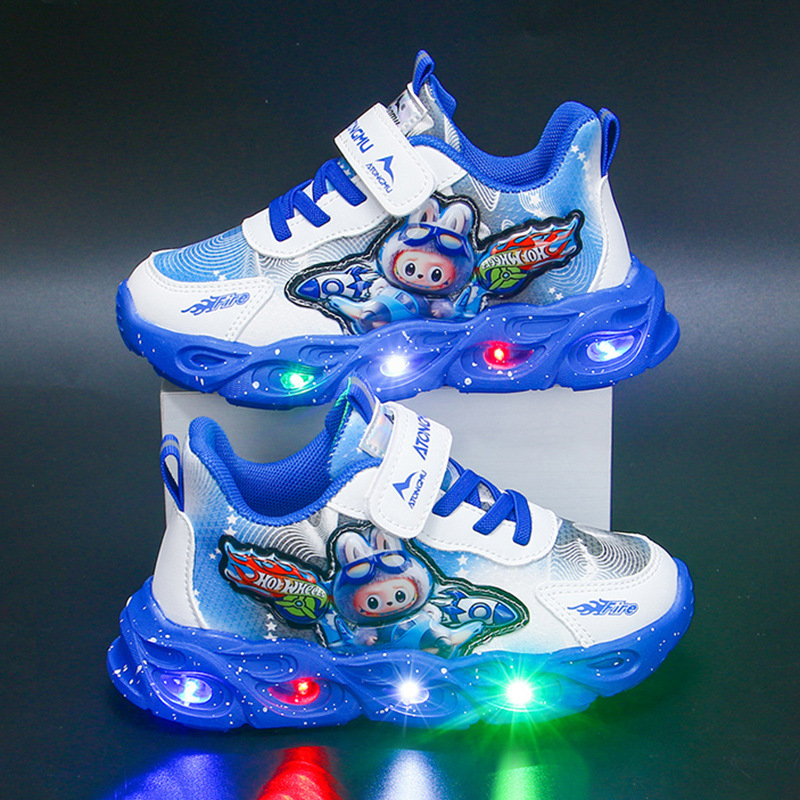 Boys' Sports Shoes with Lights, New Spring and Autumn Models for Small and Medium-Sized Children, Leather Surface, Lightweight, Breathable Casual Shoes, Baby Mesh Breathable Shoes