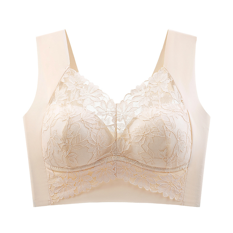 Sujetador sexy de estilo chaleco de encaje trasero con tirantes anchos, copa fija sin anillo de acero, pecho grande, sujetador pequeño