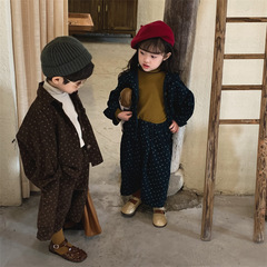 2024 Spring New Boys Corduroy Floral Shirt Girls Baby Forest Retro Straight Pants Two-piece Suit