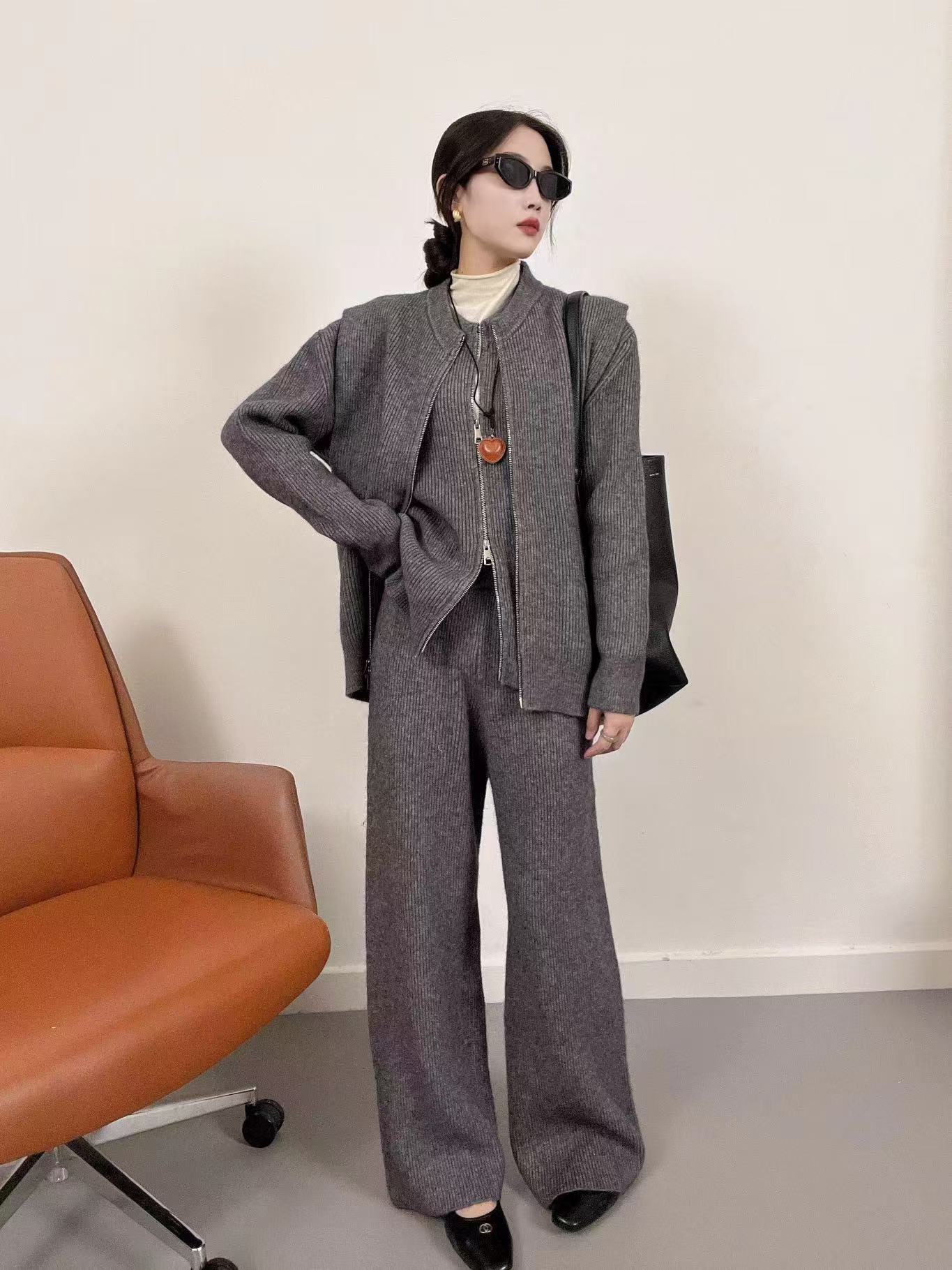 Vêtements pour femmes mode décontractée pour femmes automne et hiver nouveau style paresseux cardigan tricoté gilet pantalon large trois_voghion.com