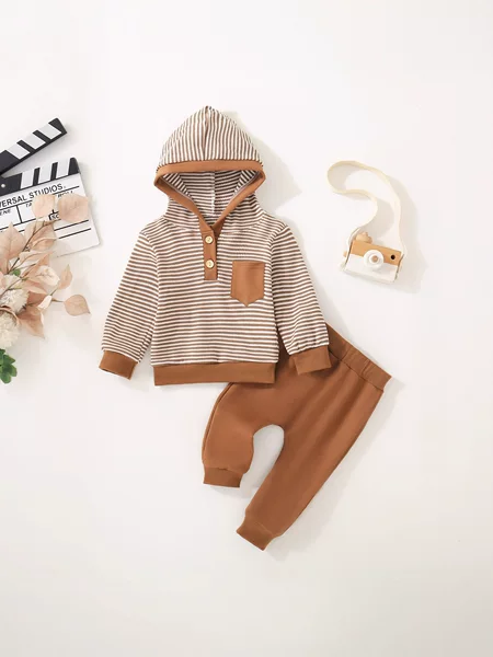 Autumn and Winter Baby Boy Waffle Stripesd Long Sleeve Top with Hat Plus Garage Gl2519