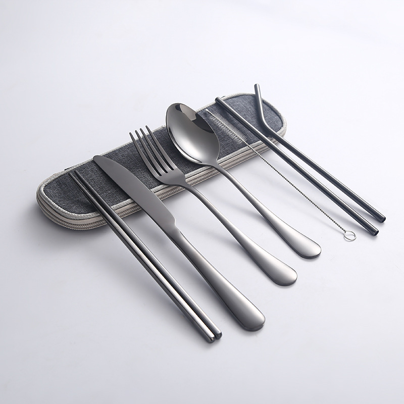 1010 Stainless Steel Set Knife,Fork,Spoon,Chopsticks,Straw,Portable Tableware7-piece Set Hot Product