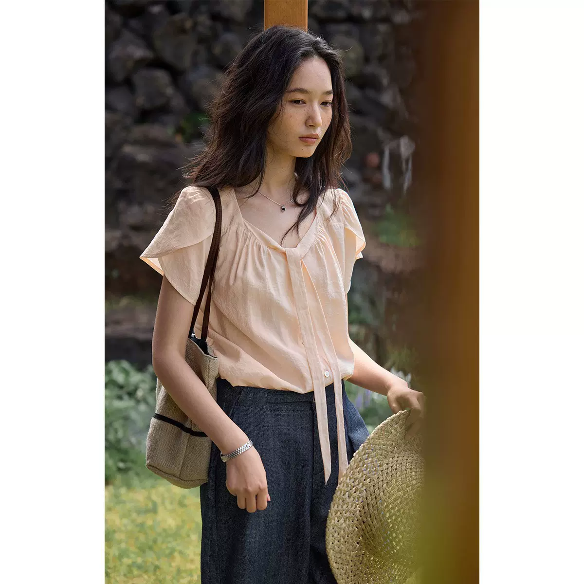 solighter 法式莱赛尔飘带花瓣袖衬衫女夏季