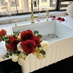 北欧式厨房陶瓷水槽洗碗池竖纹嵌入式大号单双槽一体开放式洗菜池