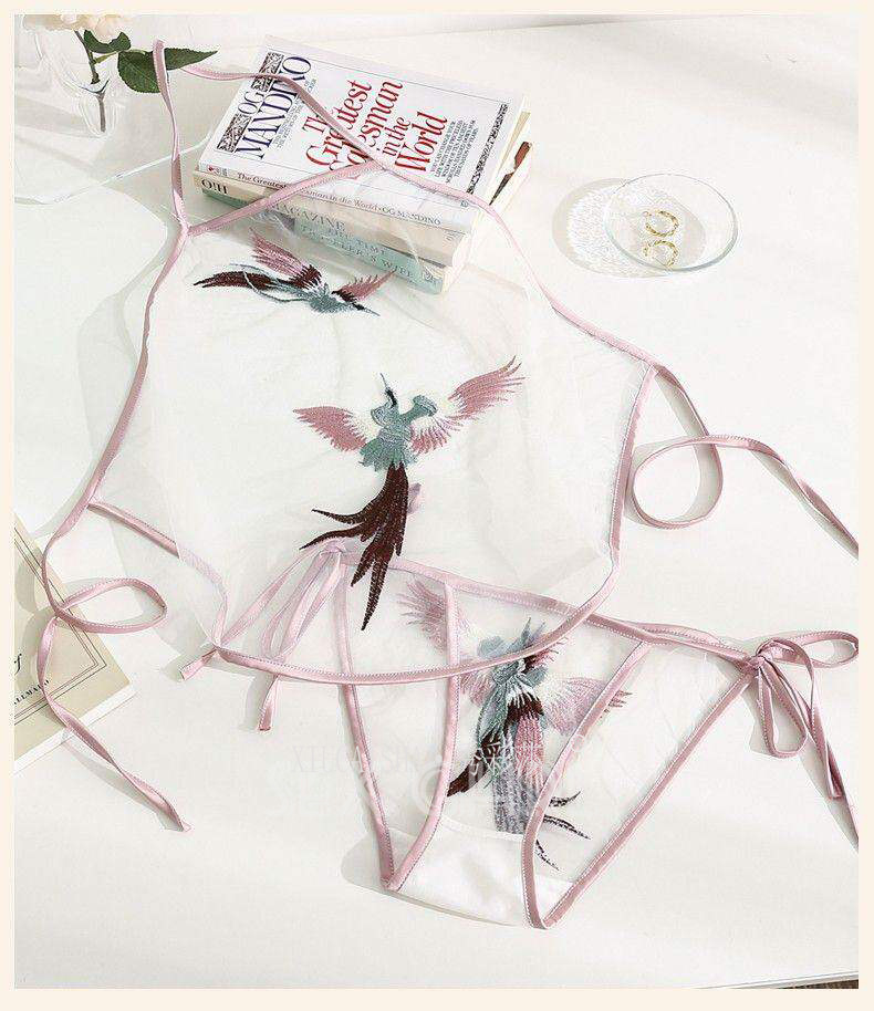Embroidered Bellyband Lingerie Set, Sheer Mesh Pajama with White Fishnet Stockings, One Size — detail image 19
