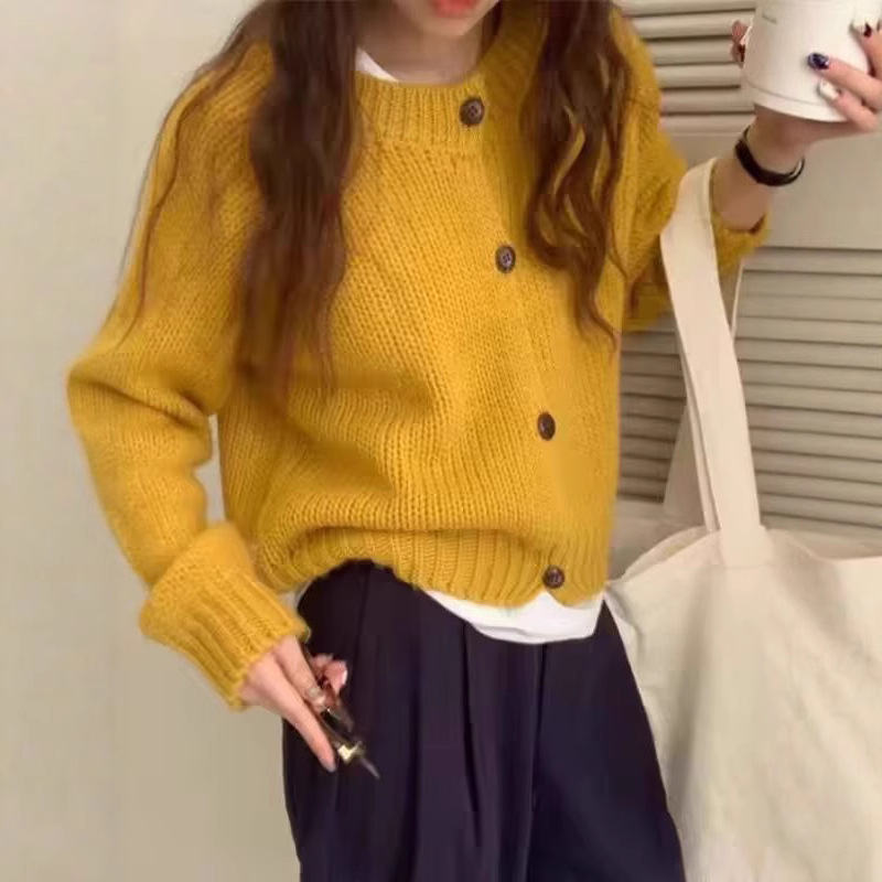 纯羊毛衫女款圆领针织开衫秋冬新款亮色设计简约单排扣长袖外套潮|undefined