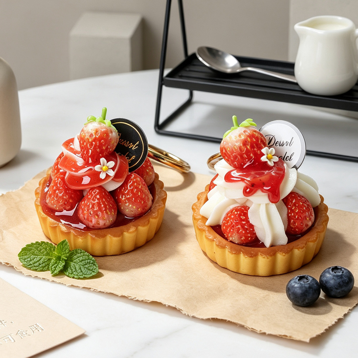 Torta de fresa llavero de alimentos simulación llavero de crema puff pastel artesanía bolsos colgantes