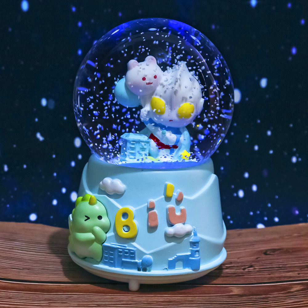 Caja de música con bola de cristal de dibujos animados, adornos de resina, copo de nieve, caja de música creativa para regalo de cumpleaños y Navidad para niños