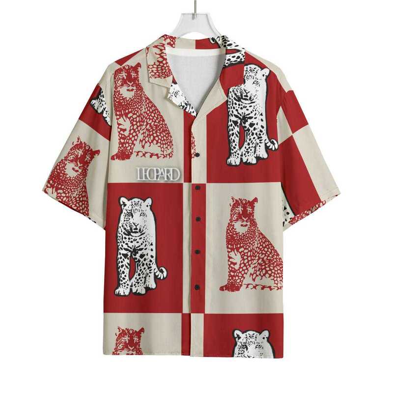 Red checkered cheetah letter print Cuban collar short-sleeve shirt for men, summer trendy vacation casual shirt Red checkered cheetah letter print Cuban collar short-sleeve shirt for men, summer trendy vacation casual shirt