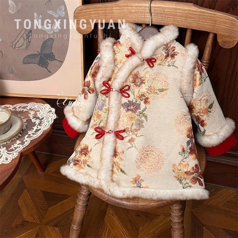 Invierno de 2025 Peonia Redonda Estrella de Niñas Nuevo brocado chino flores estilo nacional engrosado vestido de Año Nuevo moda