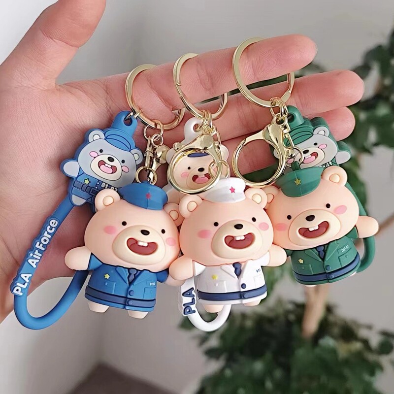 Bear Key Chain Cute Bag Hanging Adornment Army Day Cartoon Car Key Chain Tribute to Soldier Brother Holiday Gift