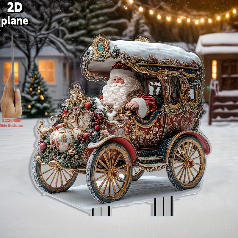 2D平面复古维多利亚风格圣诞马车配圣诞老人草坪家居盆栽装饰