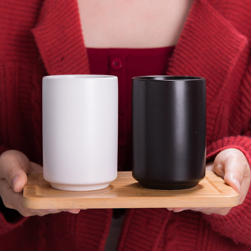 Japanese-style black and white ceramic mug straight Cup Tea Cup without handle hotel toothbrush cup mouthwash Cup with bamboo plate logo