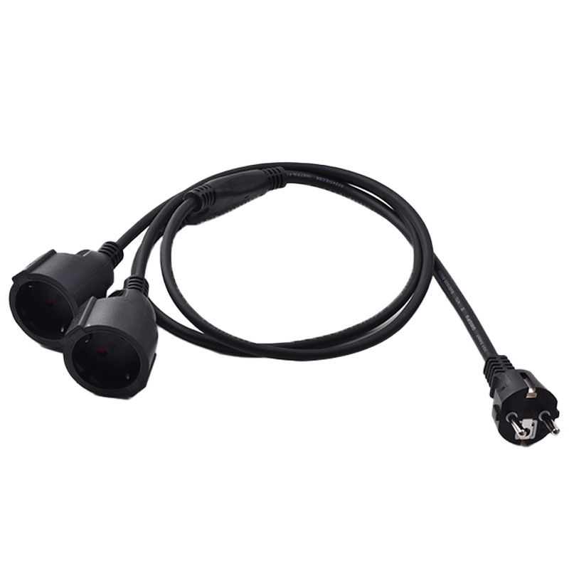 欧规纯铜三芯直插电源线，公母对插一分二双母座，欧标电源延长线