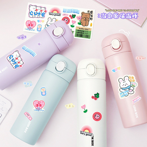 High-quality cartoon sticker pop-top direct drinking stainless steel insulated cup for students, portable pop-up jumping cup