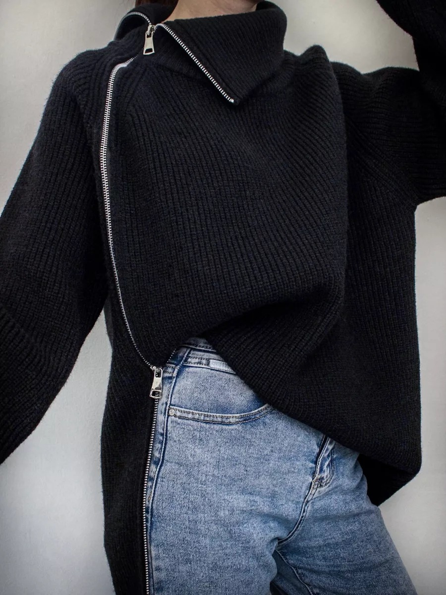 Pull tricoté sexy à col haut et fermeture éclair de style paresseux, haut chaud à manches longues et ample pour vêtements d'extérieur, tendance et épais_voghion.com