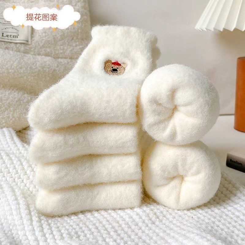 袜子女中筒秋冬款加厚冬季可爱纯白睡眠月子地板加绒保暖毛毛袜子|undefined