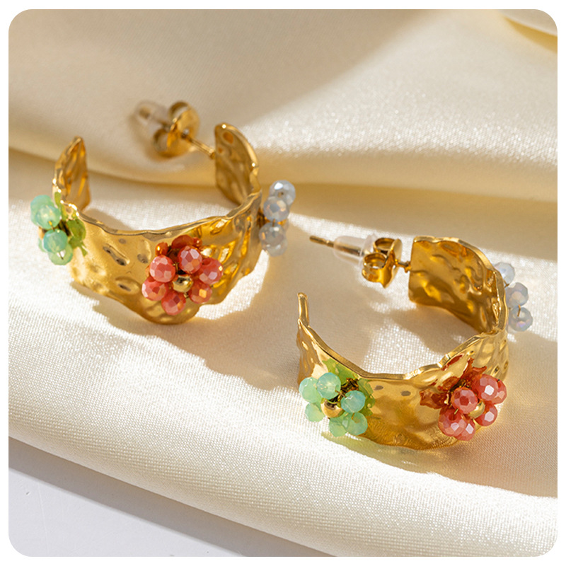 Tina Cross-border versátil textura de acero inoxidable color zircon perlas cuentas de flores pendientes de oro 18 quilates