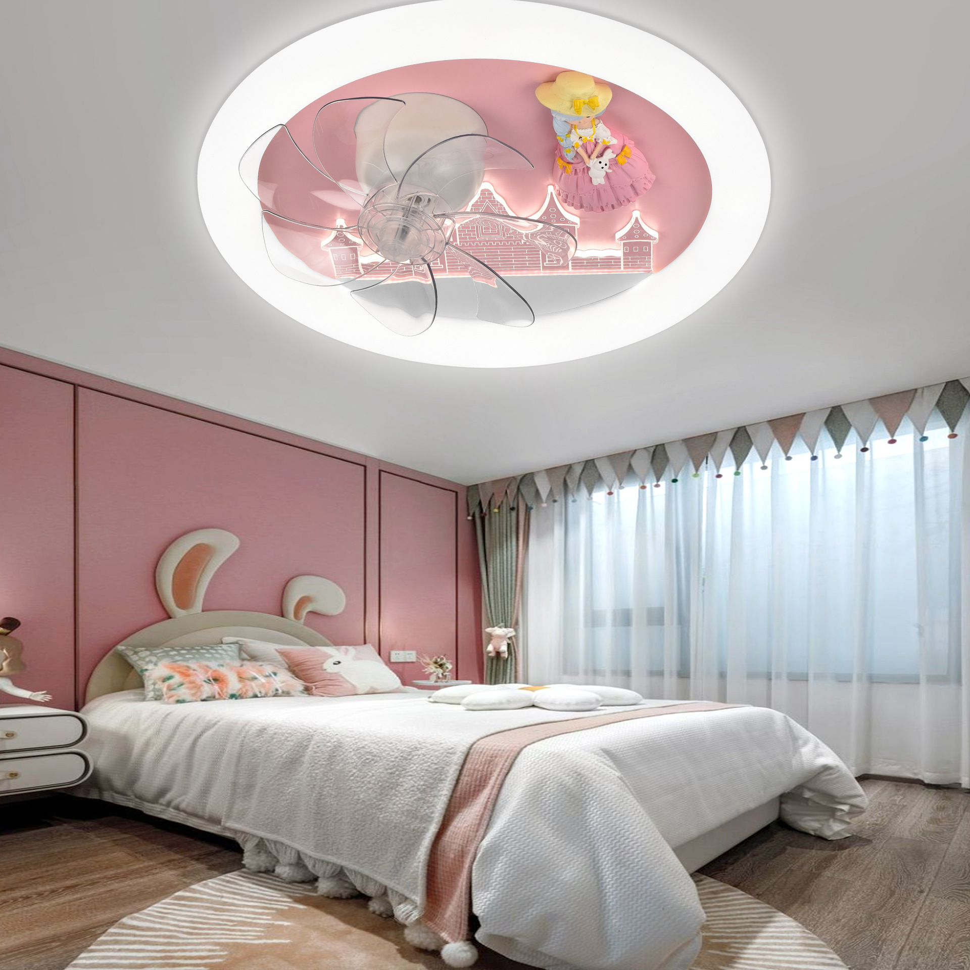360 grados sacudiendo la cabeza lámpara de ventilador habitación de los niños lámpara de techo chica moda creativa dormitorio led cálido cambio de luz de tres velocidades