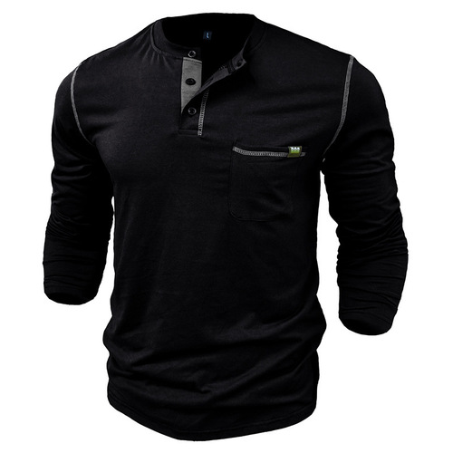 2024 Cross-border Europe and America Henry Men's T-shirt, Trade Long-sleeved Henry Shirt Amazon Multi-color Knitted T-Shirt Men's Wholesale 