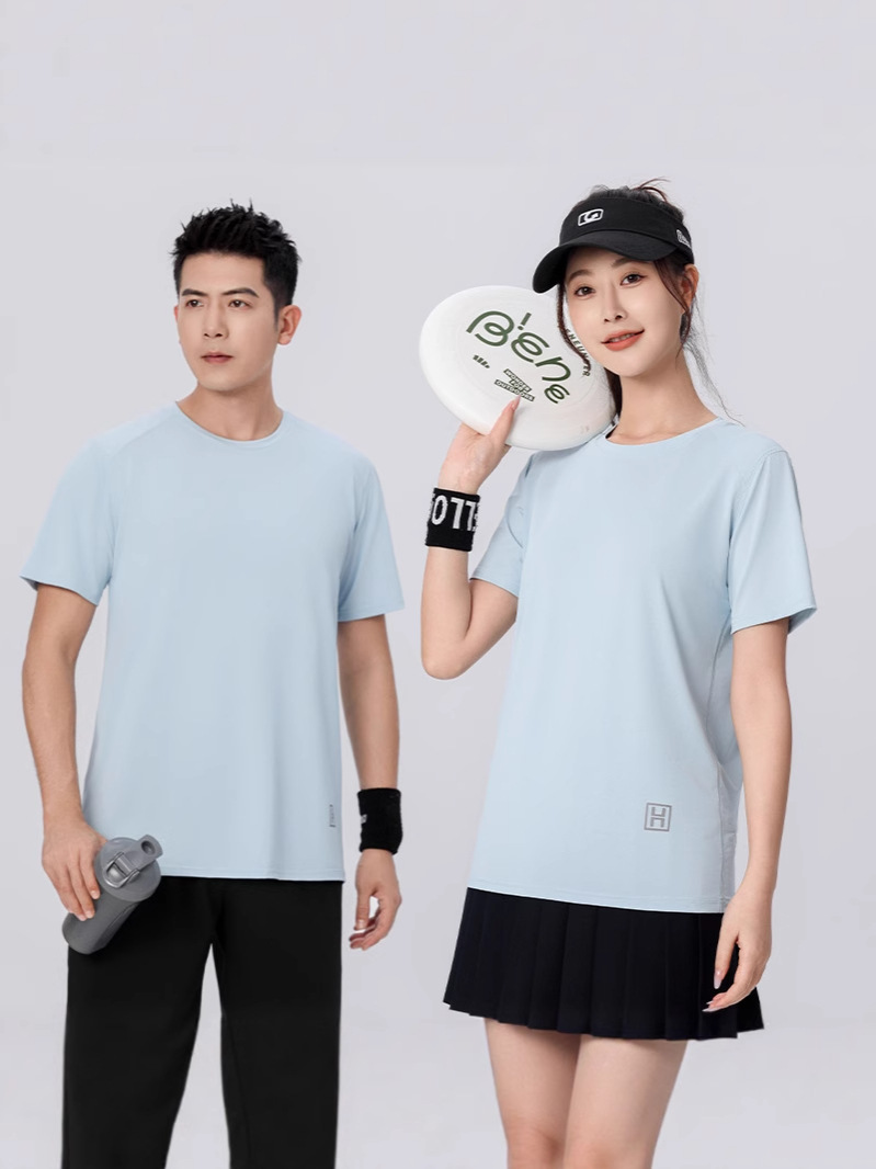 Camiseta de cuello redondo de secado rápido de seda de hielo, logotipo personalizado, camisa publicitaria, ropa de trabajo de spandex, construcción de grupo, deportes de manga corta, correr t verano