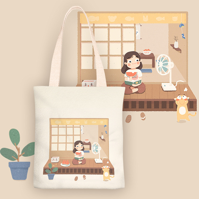 2020新款夏日午后少女简约单肩包单肩手提袋帆布袋大容量购物袋