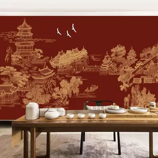 现代中式轻奢阁楼飞鹤茶室壁纸售楼大堂壁布书房高端壁画