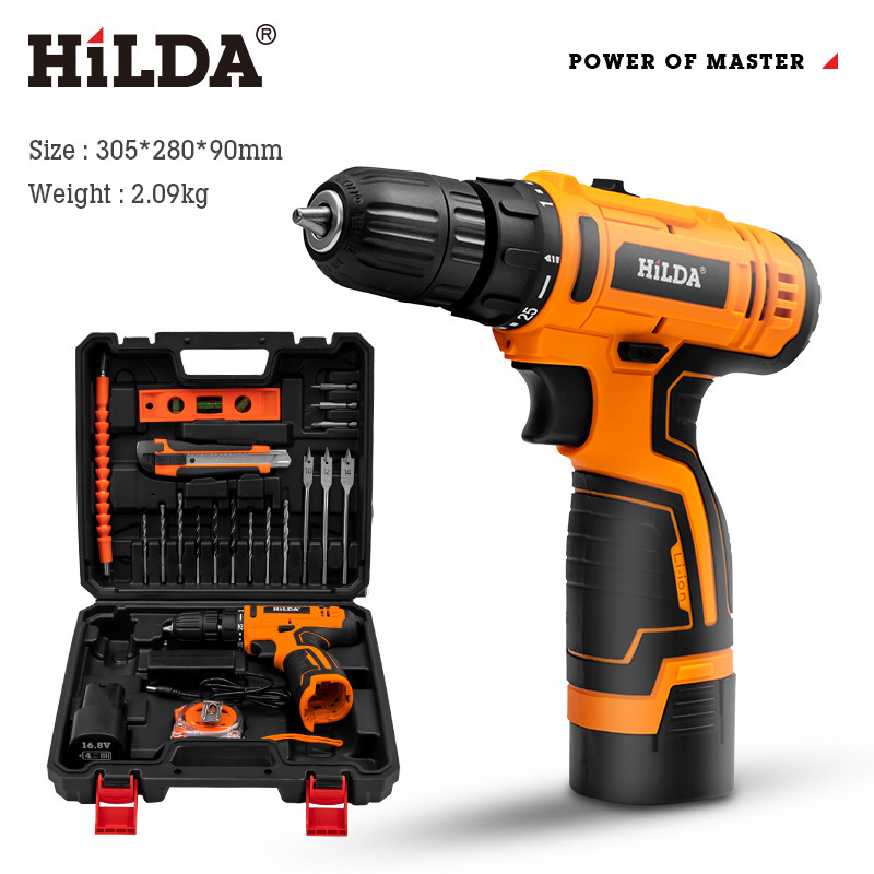 Taladro eléctrico recargable de litio Hilda para uso doméstico, herramientas eléctricas en stock, taladro manual, destornillador eléctrico