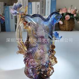 琉璃中式工艺荷花创意花瓶摆件 客厅玻璃鱼饰品 乔迁新居爆款礼品
