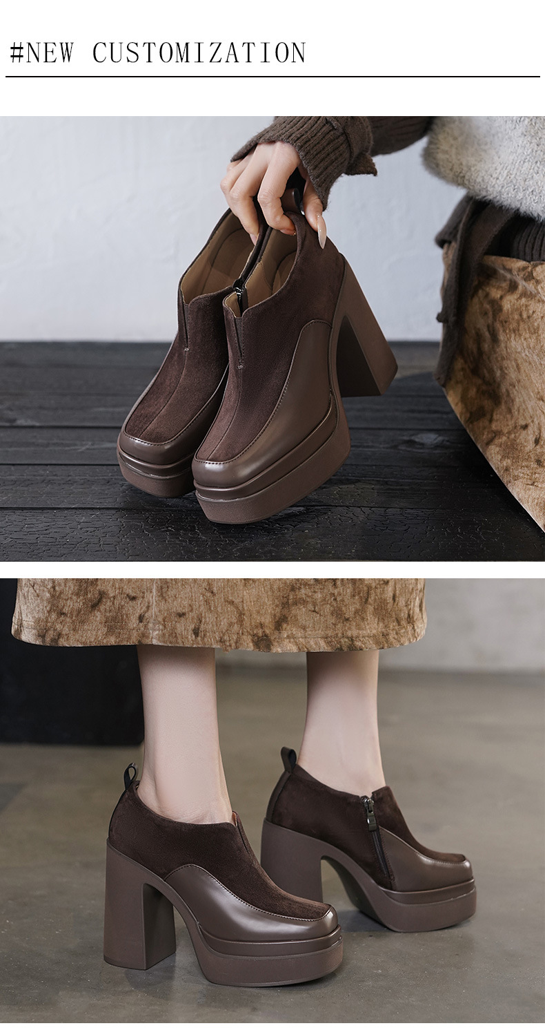 Giày cao gót nữ mũi vuông đế xuồng platform gót vuông 9 cm, phối màu tương phản, form dáng loafer — màu nâu, màu đen chi tiết 5