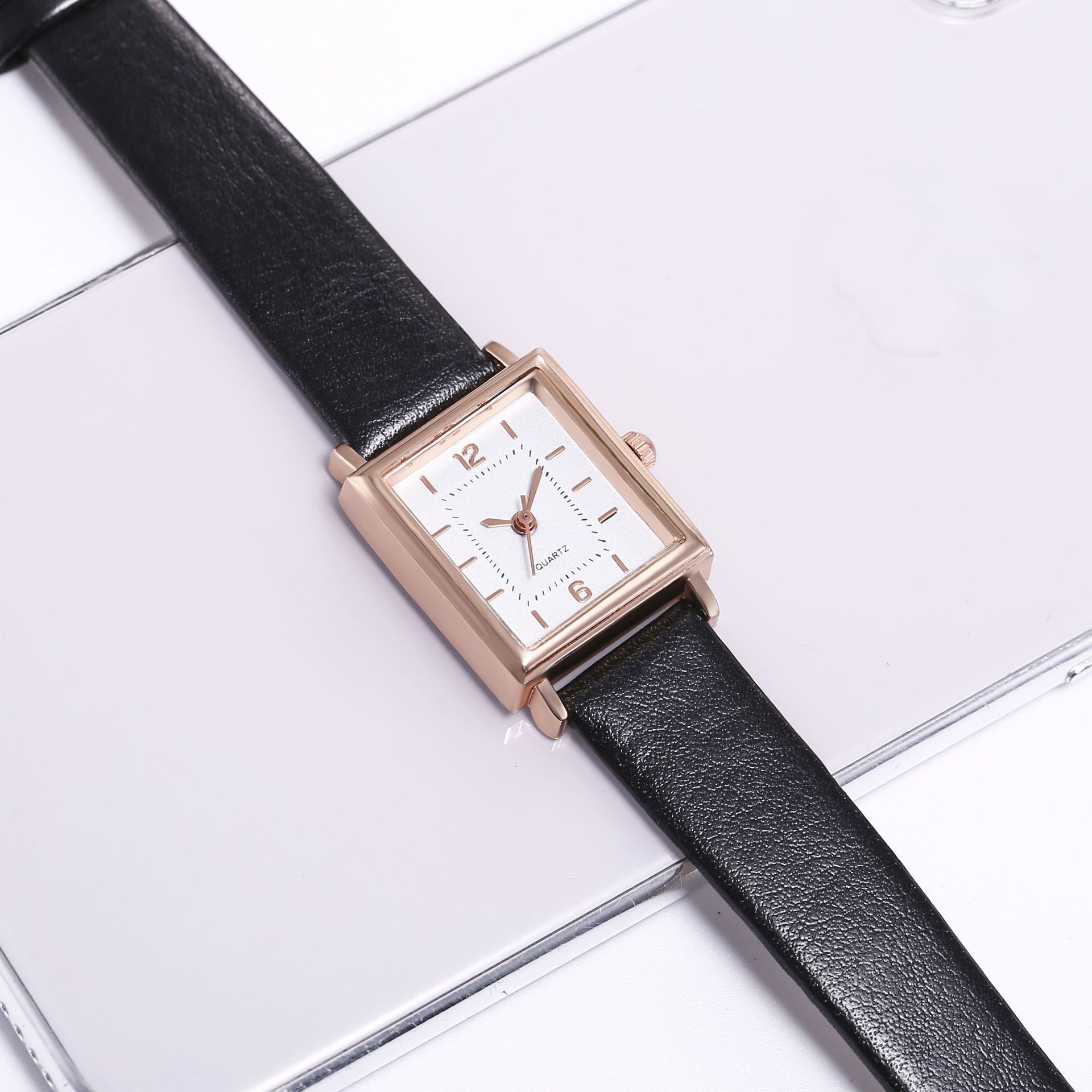 New Women's Fashion Rose Gold Square Case Digital Scale Belt Quartz Watch_voghion.com