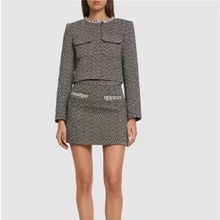 明星同款秋冬新款钉珠千金风气质名媛人字纹外套半身裙套装女